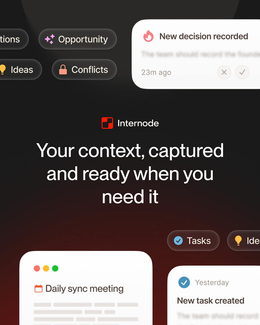 Internode captures team context including opportunities, ideas, conflicts, tasks and decisions, so a pre-meeting brief is ready when you need it.