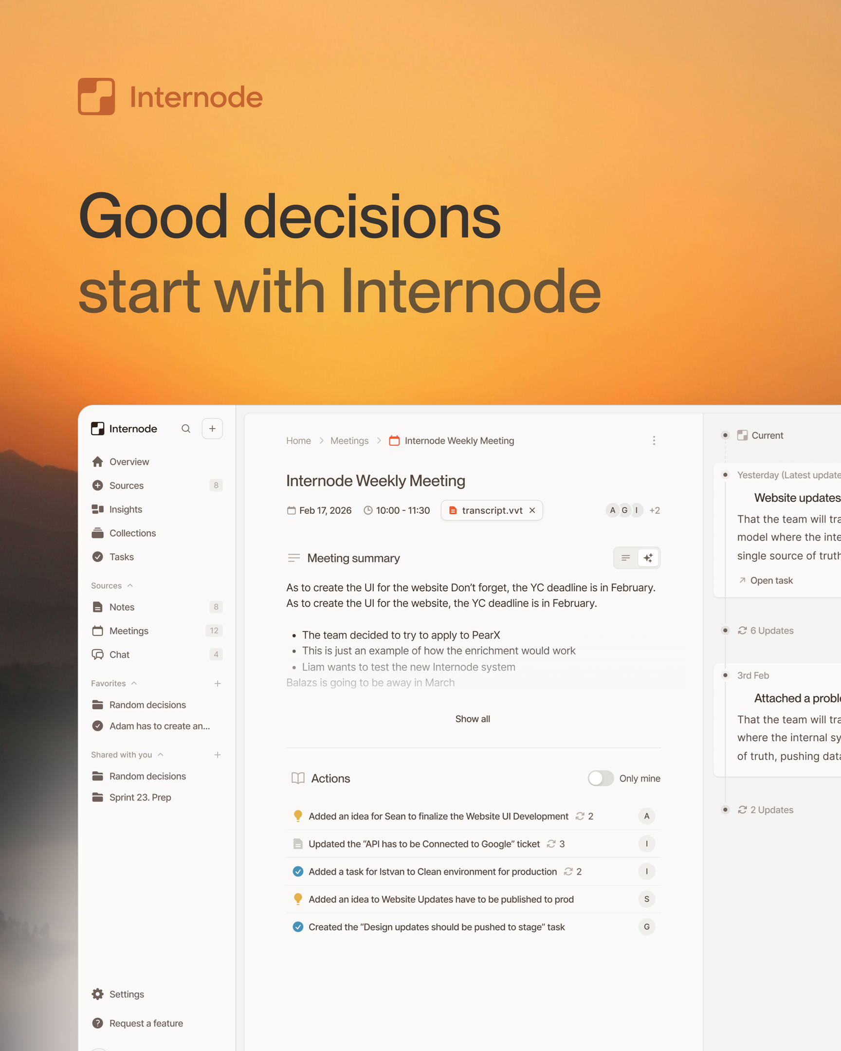 Internode decision-making platform with meeting detail view and context side panels for product and engineering leaders.