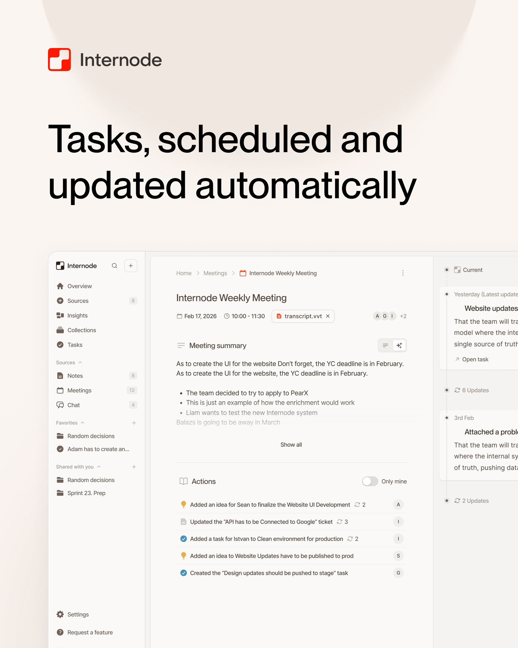 Internode automatically schedules and updates tasks from meetings, shown with full actions UI, navigation and activity feed.
